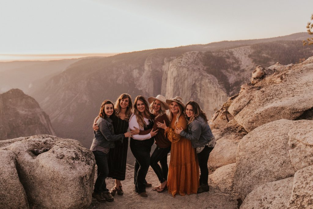 Community over competition.  Photographer friends pose at Taft Point in Yosemite National Park, California. 
Left to Right, April of A Rose Photography, Joanna of Joanna Adams Photography, Elsa of Elsa Eileen Photography, Amber of Amber Lynn Photography, Dina of Dina Remi Studios, Leah of Leah Lamberson Photography.  Be fearless in pursuit of your dreams