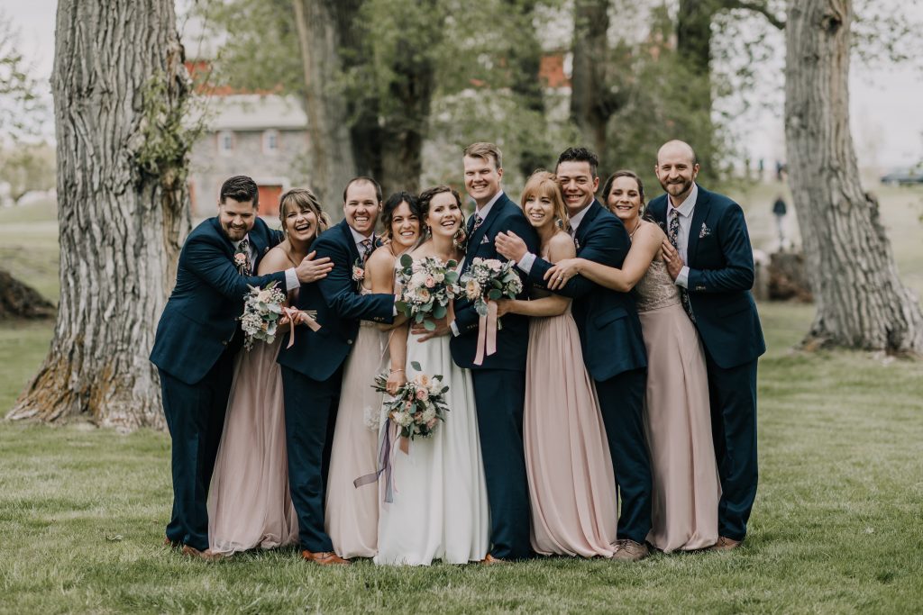 Wedding party poses at Kleffner Ranch in Helena, Montana.  
